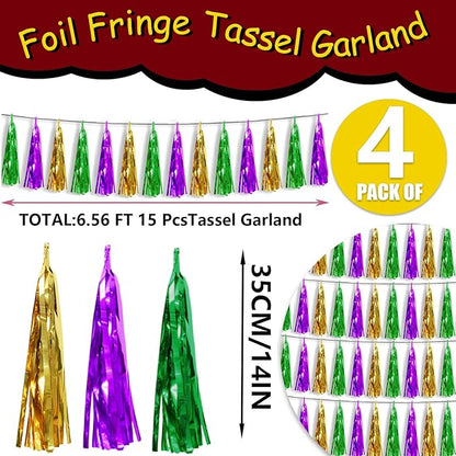 4P Gold Green Purple Foil Fringe Tassel Banner Garland Metallic Tinsel Streamers Wall Hanging Curtain Backdrop Banner for Parade Floats, Graduation 2024, Carnival Mardi Gras Party Decorations