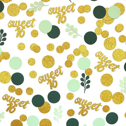 300PC Gold Glitter and Sage Green Sweet 16 Party Decorations Greenery Happy 16th Birthday Confetti for Table Sweet Sixteen Party Decor Supplies