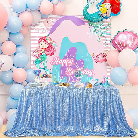 QueenDream Sequin Tablecloth 60"x102" Sparkly Party Table Cloths Sequin Table Cloth Overlay for Wedding Birthday Baby Shower Decoration Baby Blue