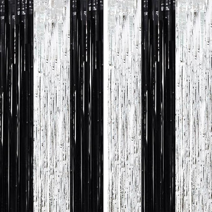 2 Pack Black and Silver Tinsel Foil Fringe Curtains, Black White Party Decorations, Metallic Tinsel Party Streamers Backdrop for New Years Birthday Christmas Graduation Decorations
