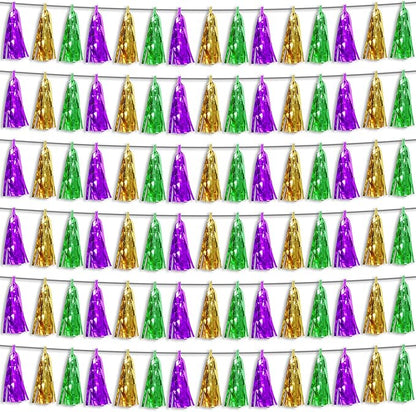 6P Purple Green Gold Foil Fringe Metallic Tassel Streamers Banner Tassel Garland for Parade Floats, Bachelorette, Wedding, Birthday, Graduation, Christmas, Bridal/Baby Shower Party Decorations