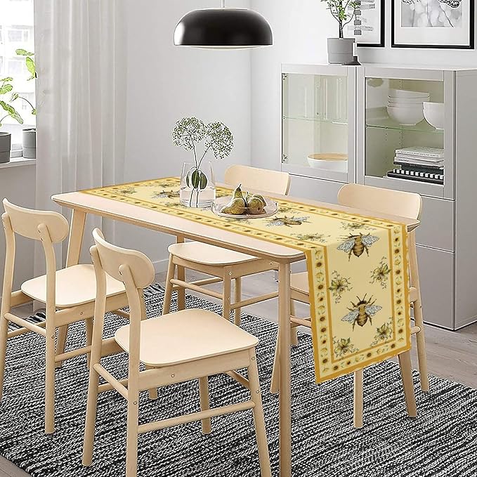 Honey Bee Table Runner, Farmhouse Yellow Sunflower Retro Summer Linen Tables Runners for Kitchen Dining Table Home Party Decor, 13x36inch