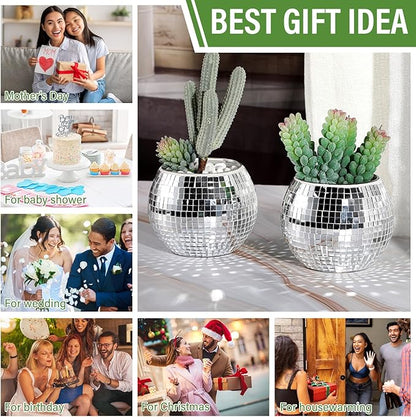 Jinei 12 Pcs Disco Vases Bulk Silver Mirror Disco Ball Flower Glass Ball Planter Candle Holder Glass Vase for Wedding Table Centerpieces Bedroom Office Birthday Decoration (3" X 4")