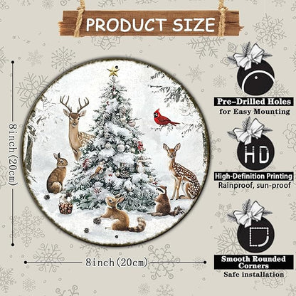 Round Christmas Snow Animals Metal Tin Sign - Vintage Christmas Tree & Winter Sign for Home & Outdoor Decorations - 8 * 8 in