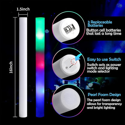 Pack of 100 Custom LED Party Foam Light Sticks Batons for Wedding, Parties, Birthdays, Guests, Party, DJ, Concerts, Festivals, Events, Promotions 3 Color Lighting Modes Batteries 16"