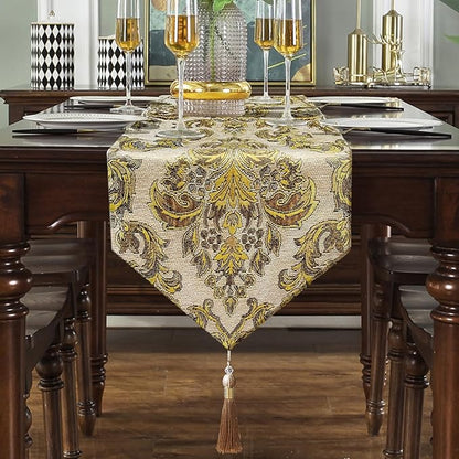 Dazzling Elegant Jacquard Table Runner with Handmade Tassels - Beige (13x84 inch)