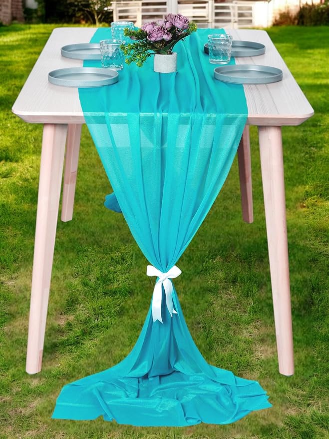 MDS 20 Pack 10ft Chiffon Table Runner 29 x 120 Inches Sheer Wedding Runner Romantic Rustic Table Runner for Wedding Decorations, Birthday Parties, Bridal Shower Party Arch Decor - Peacock Blue