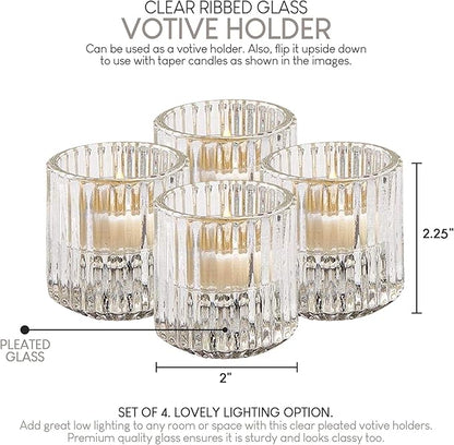 Serene Spaces Living Set of 4 Clear Ribbed Glass Votive Holders, Perfect for Weddings and Home Décor, Measures 2.25" Tall and 2" Diameter
