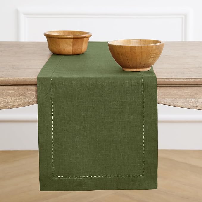 Solino Home Linen Olive Table Runner 120 Inches Long - 100% Pure Linen Hemstitch 14 x 120 Inch Table Runner for Dining, Fall, Autumn, Thanksgiving - Classic Hemstitch