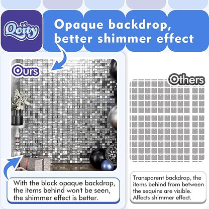 Qcity Silver Shimmer Wall Backdrop 30PCS, Black Back Not See-Through Design, Square Sequin Glitter Backdrop Panel, Perfect for Outdoor Events, Birthdays, Wedding and Party Decoration