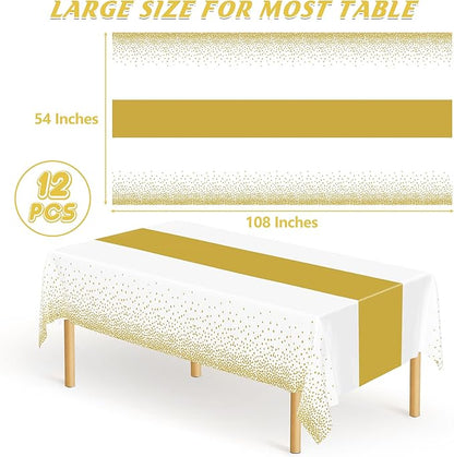 QZYL 12Pack Table Cloth Rectangle Tables, 54" x 108" Disposable Party White Table Cloths with Gold Dot, Waterproof Table Covers for Birthday Outdoor Wedding New Year Eve Birthday Decorations Supplies