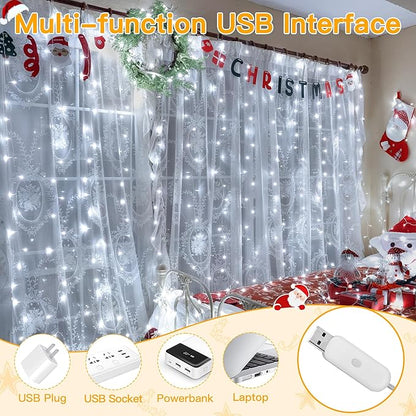 Ollny Curtain Lights 6.6x6.6ft, 200 LED White String Lights with Remote 8 Modes Dimmable Timer, USB Power Fairy Light for Bedroom Backdrop Indoor Wall Window Wedding Decor