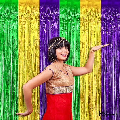 4 Pack 3.2Ft x 6.6Ft Mardi Gras Fringe Curtain Backdrop, Gold Green Purple Metallic Tinsel Foil Fringe Streamers Curtains Background for Photo Booth Birthday Wedding Carnival Party Decorations