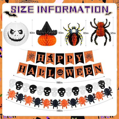 Halloween Office Decorations Indoor Kit - Pumpkin Lanterns, Bats Skull Head Banner, Spider Pumpkin Hanging Happy Halloween Banner For Office Classroom Home 14PCS