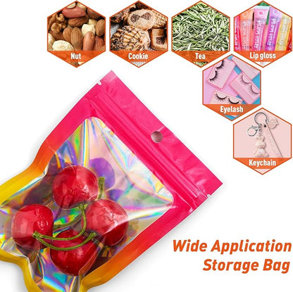 Funfery 100 Pack Gradient Holographic Bags,Mylar Resealable Bag with Zipper,Clear Window Packaging Pouchs,Smell Proof Foil Bag for Food Storage,Sample Jewelry Bags(4.7×7In,Hot Pink Orange)