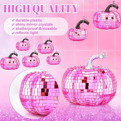 Lenwen 12 Pcs Artificial Disco Pumpkin Glitter Mirror Pumpkin for Decorating Fall Farmhouse Hanging Ornament Harvest Decor for Halloween Thanksgiving Table Centerpiece(Bright Pink)