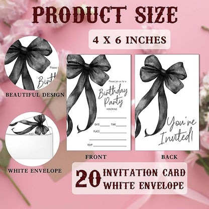 SIXEIGHT Black Bow Birthday Invitations, Black Ribbon Bow Birthday Party Invitations, 20 Party Invitations with Envelopes for Girls Boys, Birthday Party Favor & Decoration (4"x6")-A02