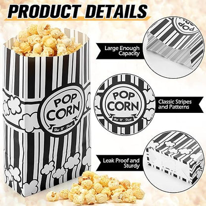 200 Pcs Paper Popcorn Bags Bulk 2 oz Large Flat Bottom Boxes Red and White Disposable Container Sleeve Movie Night Popcorn Bucket for Retro Movie Themed Party Carnival Supplies (Black and White)