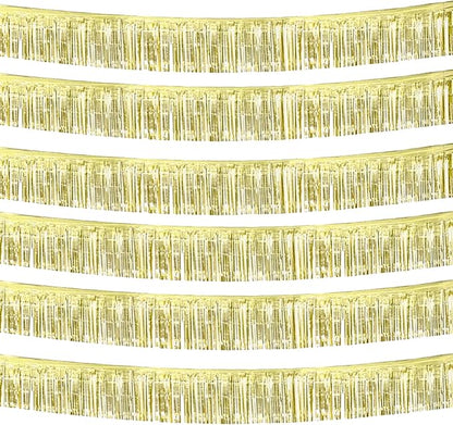 6 Pack 10 Feet Foil Fringe Garland Metallic Tinsel Streamers Banner Wall Hanging Curtain Backdrop Banner for Parade Floats, Thanksgiving, Christmas, Birthday, Halloween Party Decorations(Light Gold)