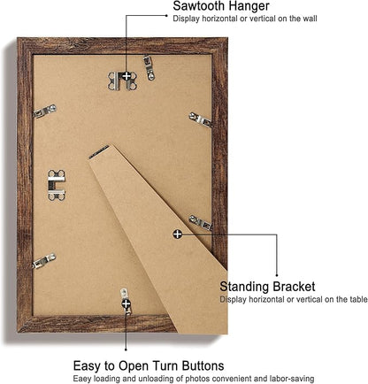 8x12 Picture Frame Set of 4 with High Definition Real Glass, Display 6x8 Pictures with Mat or 8 x 12 Without Mat, Rustic Wood Photo Frames for Tabletop and Wall Mounting