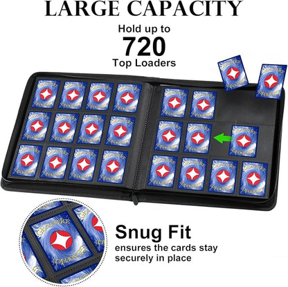 GEAoffice Trading Card Binder 12 Pocket Hold 720 Cards, Premium PU Cover Zipper Collection Binder, Ringless Side Loading Card Album Folder for YuGiOh, MTG, TCG, Game & Sports, Non-PVC, Carbon Black