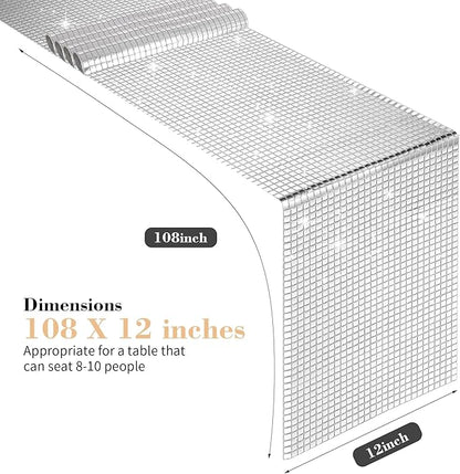 2 Packs 12x108 Inch Disco Table Runner Silver Glitter Foil for Bachelorette & Theme Party Disco Ball Decorations