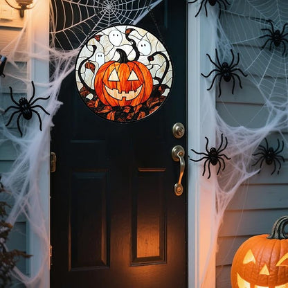 Stained Glass Window Hanging - Halloween Decorations Pumpkin Ghost Suncatcher for Doors Garden Indoor Spooky Funny Orange Sun Catchers Gothic Decor Horror Gifts for Women Men Friend 9.8 in