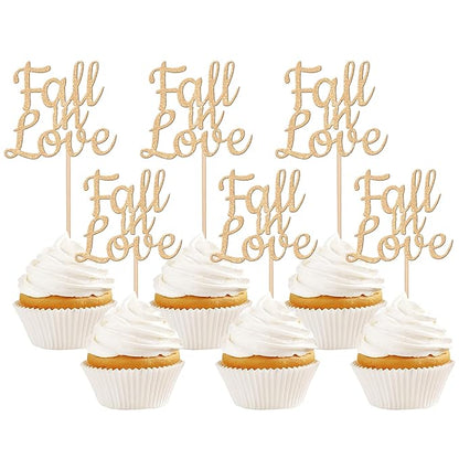 24 PCS Fall in Love Cupcake Toppers Glitter Fall Theme Bridal Shower Cupcake Picks for Autumn Wedding Engagement Anniversary Birthday Bridal Shower Party Cake Decorations Supplies Champagne Gold
