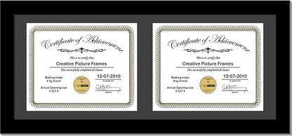 Creative Picture Frames 8X18Bk-B Black Horizontal Double Diploma Frame With 2 Opening Black Matting | Holds 2-6X8-Inch Documents With Installed Wall Hanger