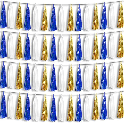 4P Navy-Blue White-Gold Foil Fringe Metallic Tassel-Garland, Tassels Banner Streamers for Parade Floats, Bachelorette, Wedding, Birthday, Halloween, Christmas, Bridal/Baby Shower Party Decorations