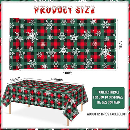 4.5x 100 Ft Roll of Christmas Buffalo Plaid Plastic Tablecloth Decorations,Disposable Red Green Snowflake Table Cover Photography Backdrop with Cutter Box for Christmas Holiday New Year Party Supplies