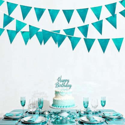 Teal Aqua Blue Triangle Pennant Banner Dark Metallic Fabric Flag Bunting Garland for Birthday Baby Shower Bridal Shower Graduation Wedding Holiday Retirement Mermaid Party Decorations Supplies