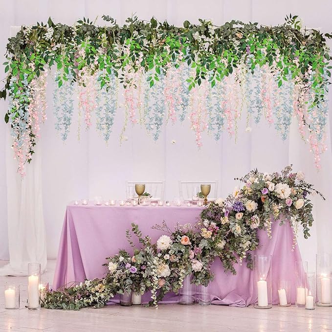 12 Pack Grey Wisteria Hanging Flowers Garland with Lights, 3.44 Feet Artificial Flower Vines, Fake Wisteria, Artificial Vines Hanging Garland for Backdrop Outdoor Patio Garden Decor