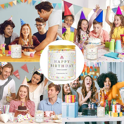 Happy Birthday Candles Set, 4 Pack Birthday Candle Gifts for Women, Unique Best Friend Birthday Gifts Ideas for Her and Him, Natural Soy Candle Scent of Vanilla Coconut/Lavender/Eucalyptus Mint - 7oz