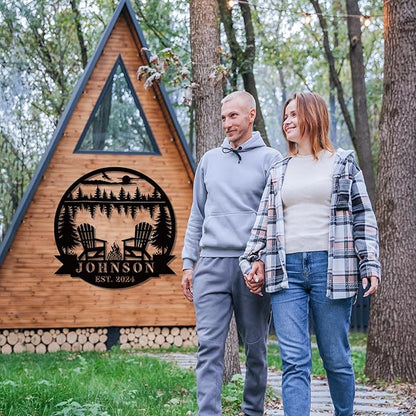 Custom Campfire Metal Name Sign, Campsite Custom Metal Family Name Sign, Campsite Monogram Forest, Personalized Camping Gifts Fire Pit Camper Lover Gift