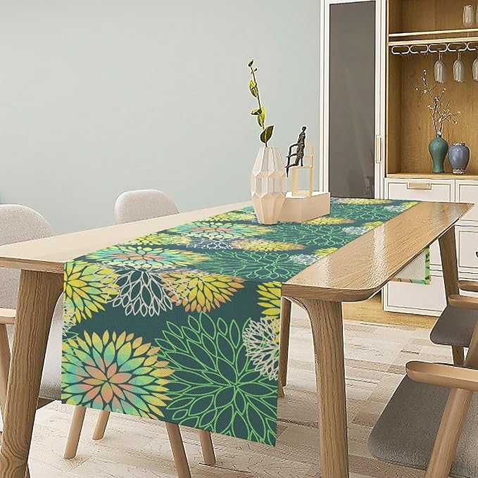 Green Dahlia Flower Table Runner, Linen Geometric Pattern Floral Table Decor Spring Farmhouse Decorations for Kitchen Dining Holiday Party Decor, 13x70 Inch