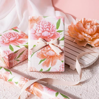 WRAPAHOLIC Floral Wrapping Paper Roll - Mini Roll - 17 Inch x 33 Feet - Peach Flower Wrapping Paper, Perfect for Girls Women Birthday, Wedding, Bridal Shower