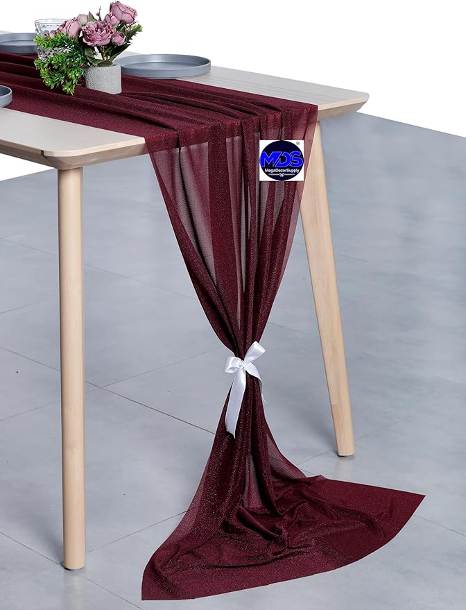 MDS 2 Pack 14ft Chiffon Table Runner 29 x 170 Inches Sheer Wedding Runner Romantic Rustic Table Runner for Wedding Decorations, Birthday Parties, Bridal Shower Party Arch Decor - Burgundy