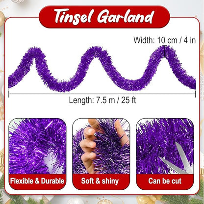 25 Feet Purple Christmas Tinsel Garland, Metallic Foil Twist Banner Wall Hanging Tinsel Streamers Backdrop for Parade Floats, Christmas, Mother's Day, Birthday Party Decorations(4in x 25ft)