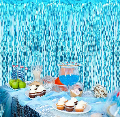 GOER 3.2 ft x 6.5 ft Metallic Tinsel Foil Fringe Curtains Party Photo Backdrop Party Streamers for Birthday,Graduation,New Year Eve Decorations Wedding Decor (5 Pcs,Wavy Light Blue)
