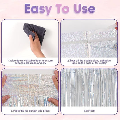 4 Pack Laser Silver Foil Fringe Backdrop Curtains, Tinsel Streamers Birthday Party Decorations, Fringe Backdrop for Graduation, Baby Shower, Gender Reveal, Disco Party