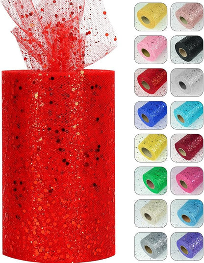 Glitter Tulle Rolls, 6” by 50 Yards (150FT) Sparkling Tulle Spool Ribbon Sequin Tulle Netting Fabric for Tutu Skirt Wedding Birthday Baby Shower (Red)