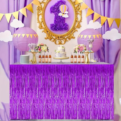 BEISHIDA 2 Pack Dark Purple Metallic Tinsel Foil Fringe Table Skirts for Rectangle and Round Tables - Birthday & Holiday Party Decorations