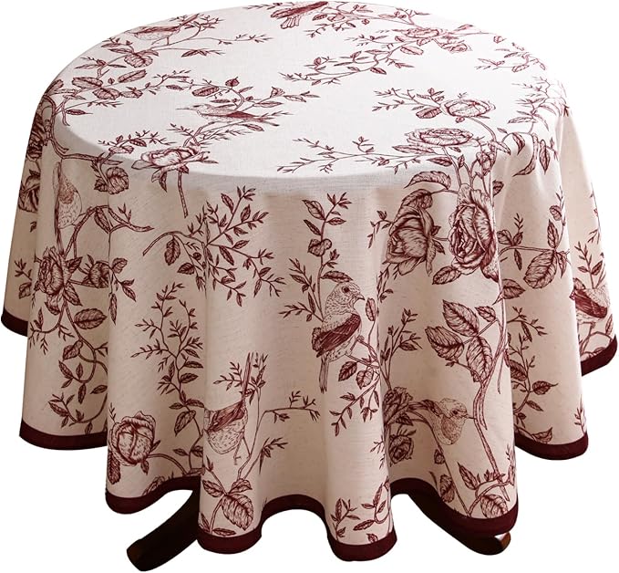 ISAENNE Designer Vintage Linen Small Round Tablecloth,Red Floral Pattern Linen Stain Resistant Table Cloth,Decor Tablecloths for Dining Thanksgiving Kitchen Tea Party,Diameter 55"-Harmony
