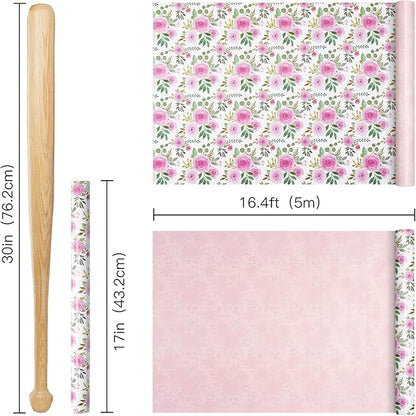 RUSPEPA Reversible Floral Wrapping Paper Roll, Mini Roll, Pink Rose Blossom Design and Pink Solid Color, Elegant Gift Wrap for Birthday, Wedding, Mother's Day, Bridal Shower, 17 Inches x 16.4 Feet