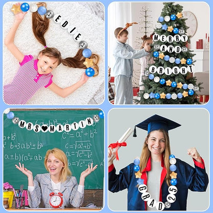 Giant Friendship Bracelet Garland Kit, DIY Birthday Banner with Letters Ball Jumbo Customizable Friendship Bracelet Decor for Halloween Christmas Wedding Party(Blue, Gold, White)