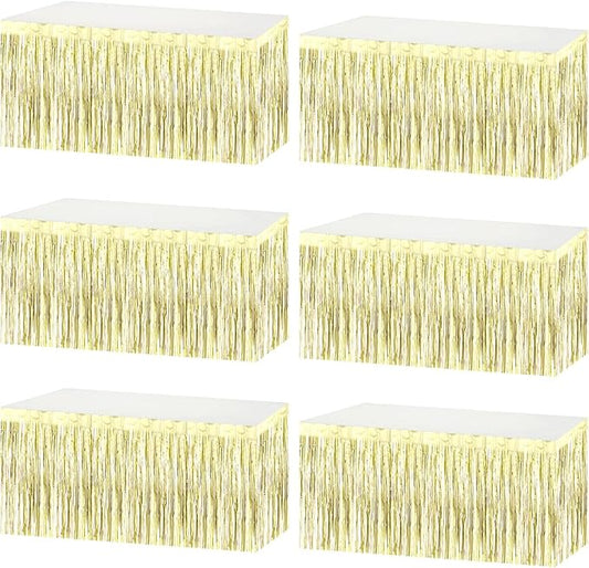 6 Pack 29x108 Inch Metallic Foil Fringe Tinsel Table Skirts Banner for Rectangle Tables Streamer Garland Backdrop for Wedding, Birthday, Parade Floats, Valentine's Day Party Decoration(Light Gold)