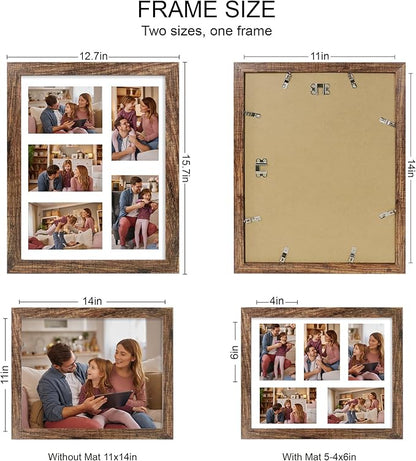 11x14 Picture Frame Set of 2, Rustic Brown Wood Frame with Real Glass Collage Picture Frames, Display Pictures Five 4x6 With Mat or 11 x 14 Without Mat, Photo Frames Wall Gallery