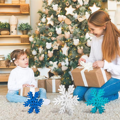Qunclay 20 Pcs Wooden Snowflake Decorations 3D Snowflake Tabletop Decor Christmas Signs and Centerpiece for Winter Wonderland Decorations Xmas Tiered Tray Decor(Dark Blue, Light Blue, White)