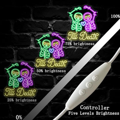Skull Till Death Neon Sign, Halloween Wall Sign, Horror Decor Wall Skull Neon Sign for Wedding Engagement Party Bridal Shower Decor Til Death Do Us Party Valentines Day Gifts